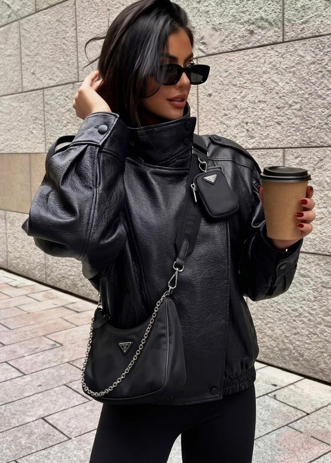 Funnel Neck Leather Jacket – Black
