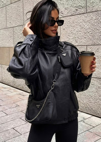 Funnel Neck Leather Jacket – Black