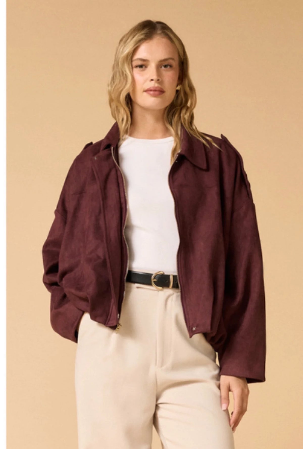 Faux Suede Bomber Jacket – Merlot
