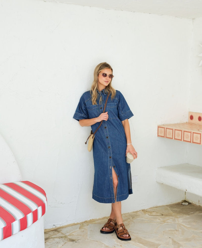 Ava Short Sleeve Midi Dress - Fresh Indigo