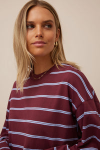 Beau Long Sleeve Slouchy Tee - Washed Burgundy/Sky Blue