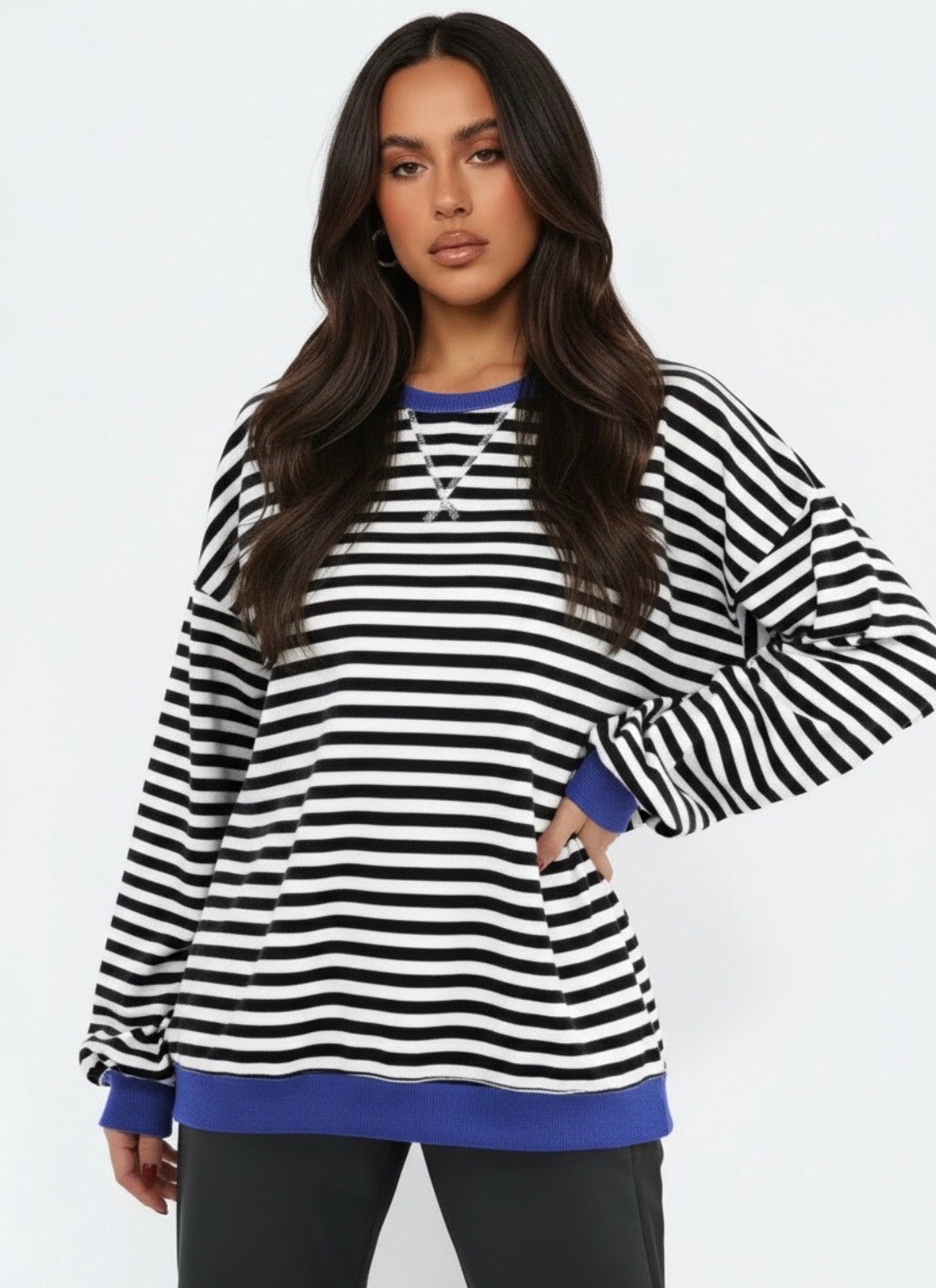Coastal Contrast Crew - Black/White/Blue Stripe