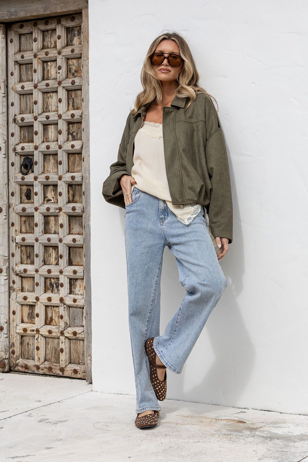 Suede Zip Gather Hem Bomber Jacket - Khaki