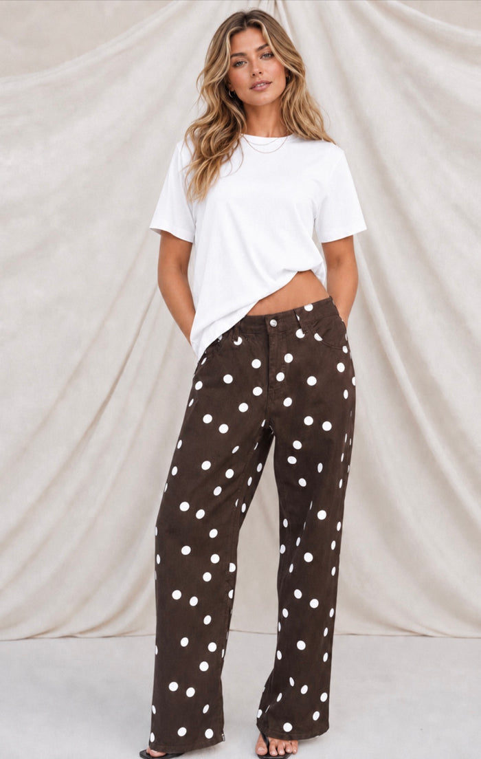 Polka Dot Denim Straight Leg Jeans - Chocolate/White