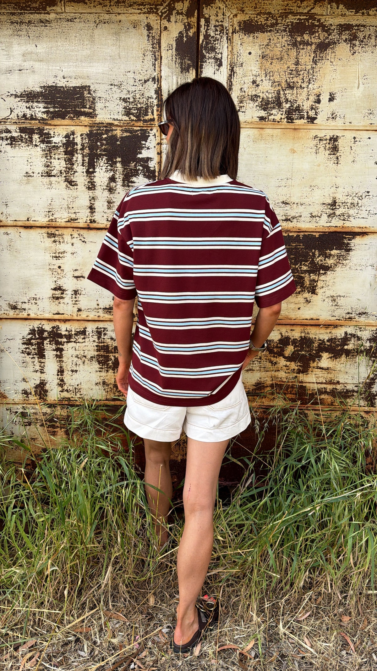 THE DRIFTER | V Tee - Cream Burgundy Stripe