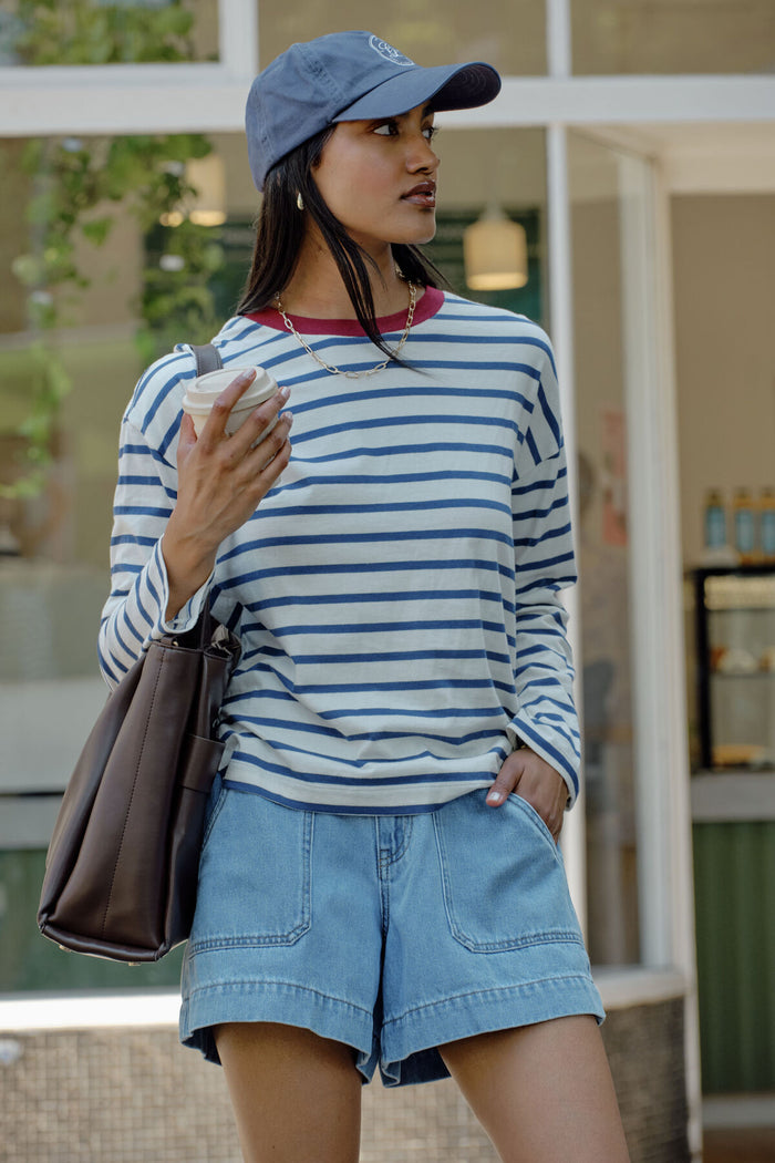 Scout Slouchy Long Sleeve Tee - Milk prussian blue stripe