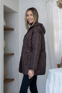 Quilted Drawstring Hooded Anorak - Chocolate
