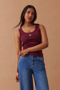 Zoe Contour Rib Scoop Tank - Pomegranate/Monogram Embroidery
