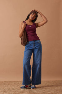 Zoe Contour Rib Scoop Tank - Pomegranate/Monogram Embroidery