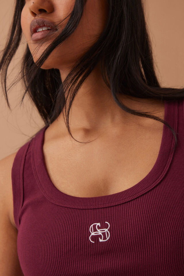 Zoe Contour Rib Scoop Tank - Pomegranate/Monogram Embroidery