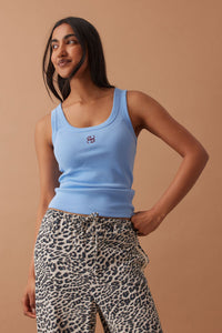 Zoe Contour Rib Scoop Tank -Powder Blue/ Monogram Embroidery