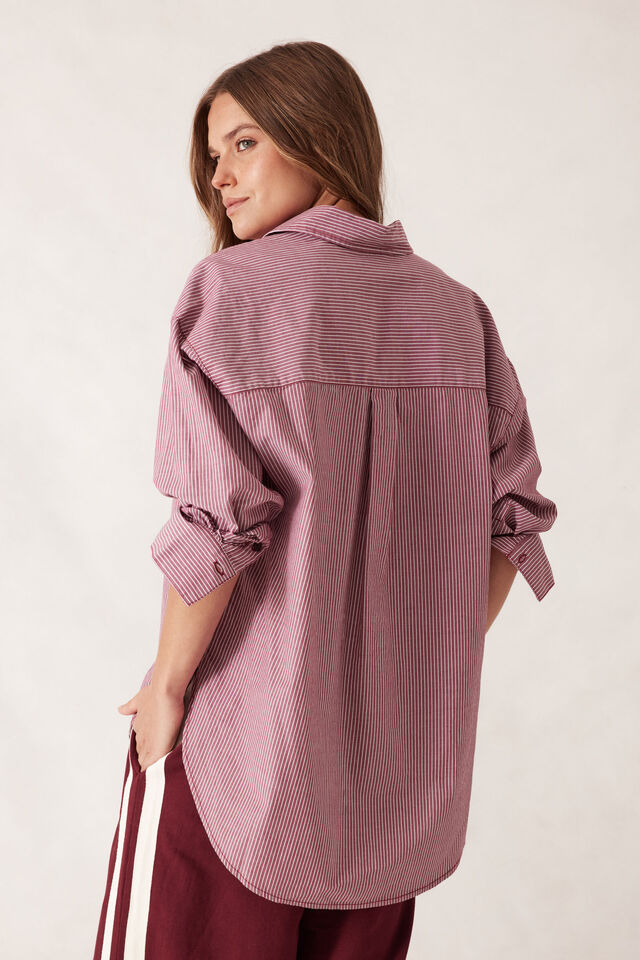 Peta Oversized Shirt - Burgundy White Narrow Stripe