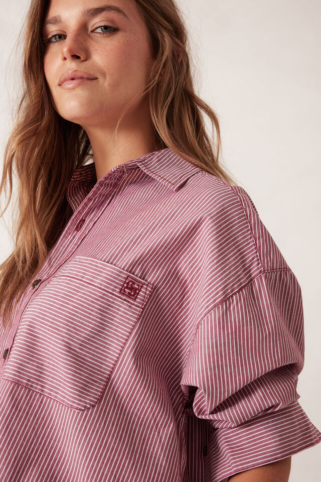 Peta Oversized Shirt - Burgundy White Narrow Stripe