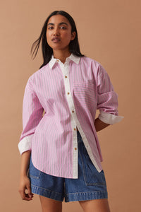 Peta Oversized Shirt - Hibiscus Pink Triple Stripe White Collar