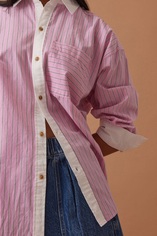 Peta Oversized Shirt - Hibiscus Pink Triple Stripe White Collar