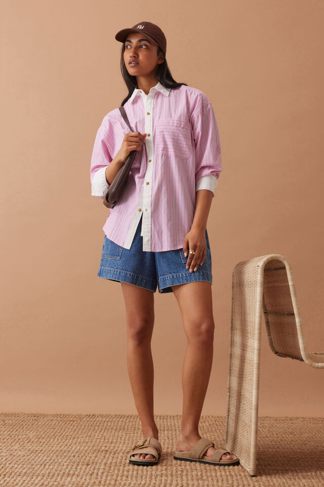 Peta Oversized Shirt - Hibiscus Pink Triple Stripe White Collar
