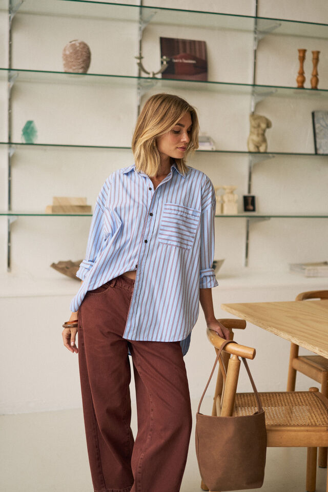 Peta Oversized Shirt - Sky Blue Burgundy Stripe