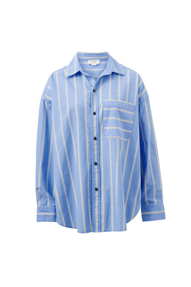 Peta Oversized Shirt - Bay Blue Butter Yellow Stripe