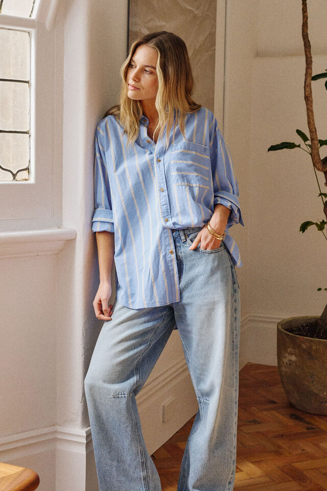 Peta Oversized Shirt - Bay Blue Butter Yellow Stripe