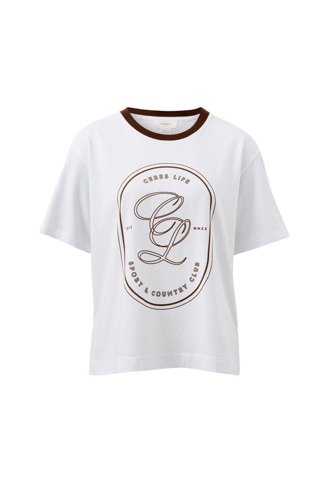 Stevie Slouchy Tee - White/Choc Sports Logo