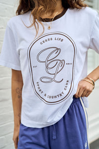 Stevie Slouchy Tee - White/Choc Sports Logo