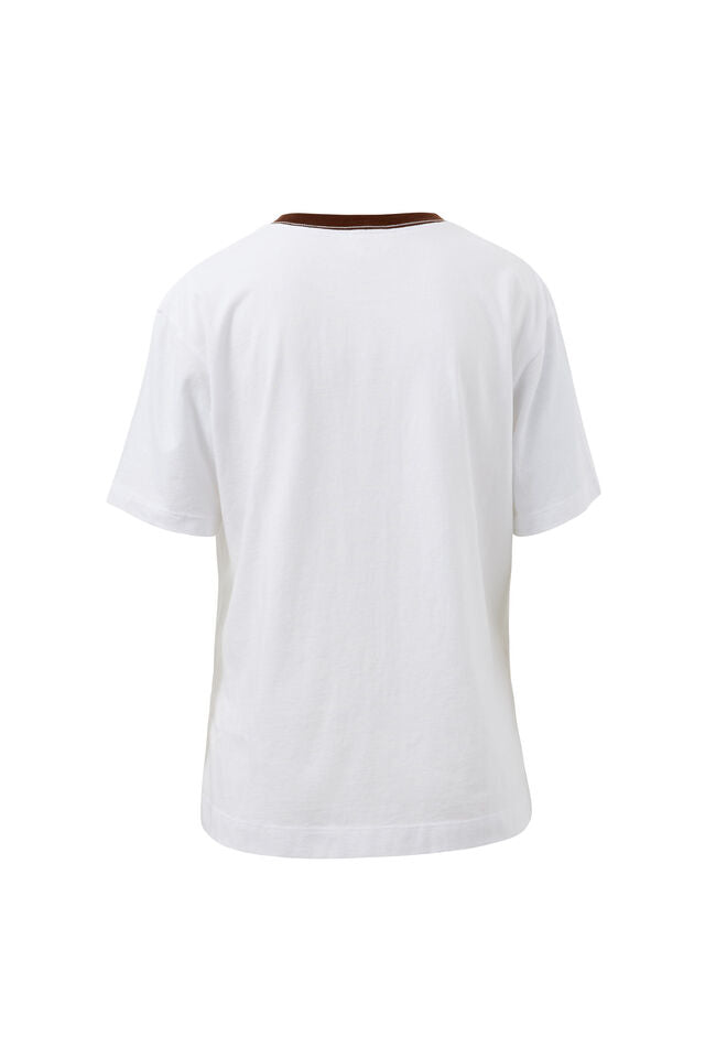 Stevie Slouchy Tee - White/Choc Sports Logo