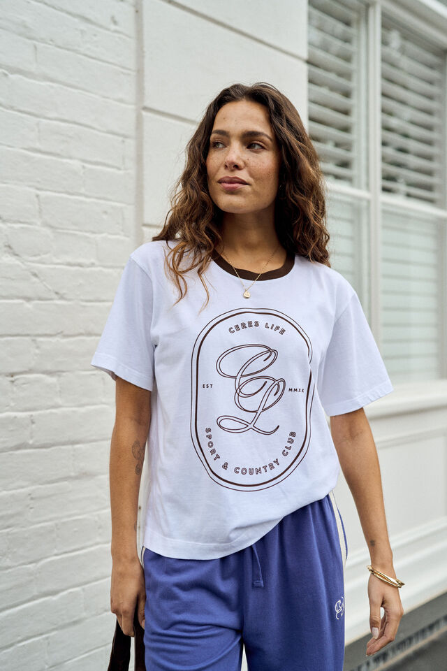 Stevie Slouchy Tee - White/Choc Sports Logo