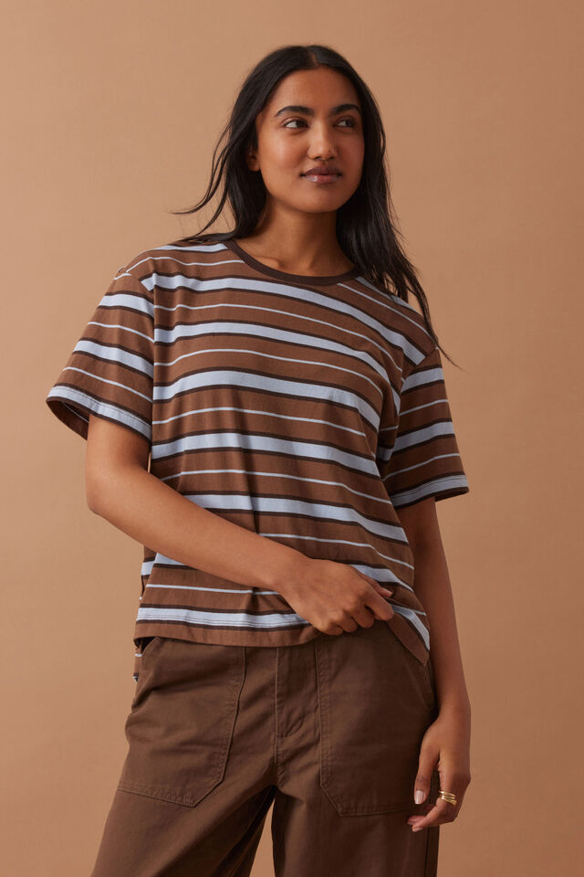 Stevie Slouchy Tee - Chalk/Choc Retro Stripe