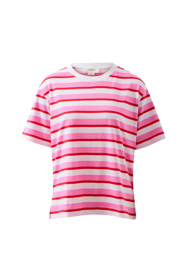 Stevie Slouchy Tee - Hibiscus/Heritage Red Stripe