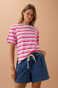 Stevie Slouchy Tee - Hibiscus/Heritage Red Stripe