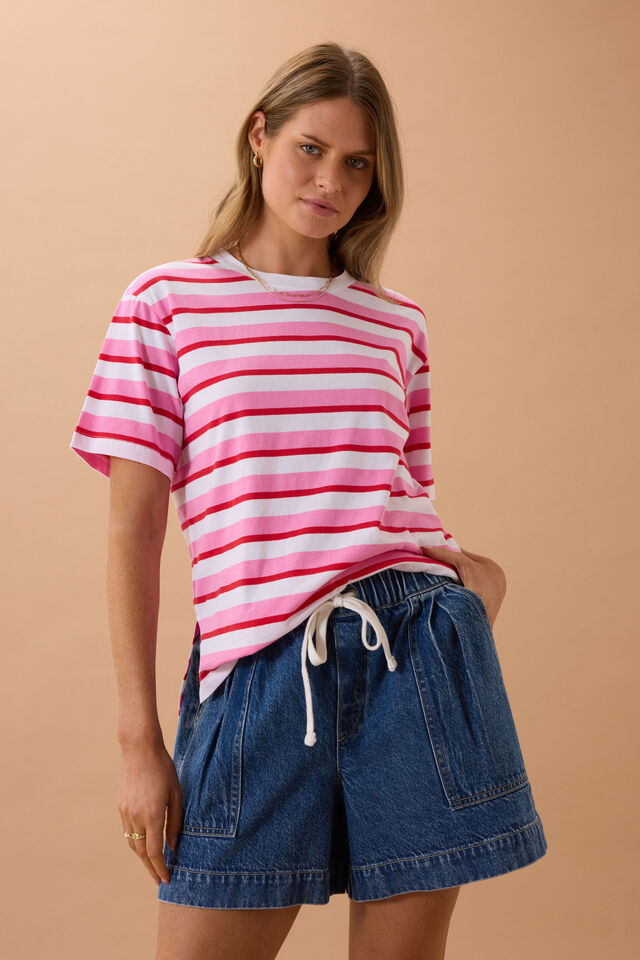 Stevie Slouchy Tee - Hibiscus/Heritage Red Stripe