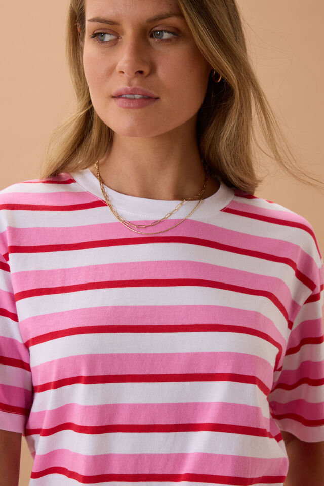 Stevie Slouchy Tee - Hibiscus/Heritage Red Stripe
