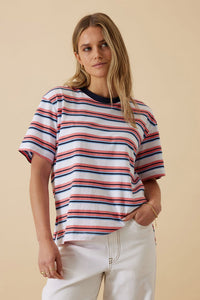Stevie Slouchy Tee - Washed Coral/New Navy Stripe