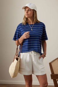 Stevie Slouchy Tee - Prussian Blue/Milk Stripe