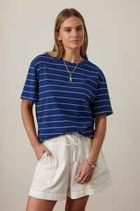 Stevie Slouchy Tee - Prussian Blue/Milk Stripe