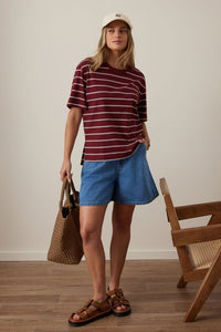 Stevie Slouchy Tee - Burgundy/Milk Stripe