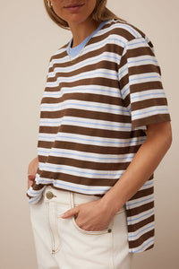 Stevie Slouchy Tee - Cocoa Sky Blue Stripe