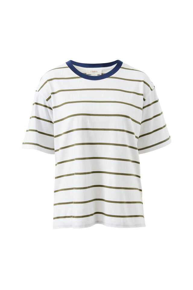 Stevie Slouchy Tee - White/Washed Olive Stripe