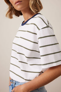 Stevie Slouchy Tee - White/Washed Olive Stripe