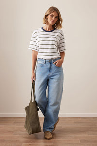 Stevie Slouchy Tee - White/Washed Olive Stripe