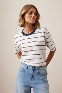 Stevie Slouchy Tee - White/Washed Olive Stripe