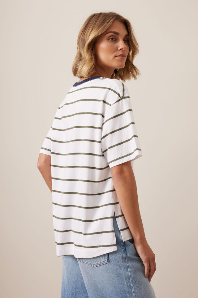 Stevie Slouchy Tee - White/Washed Olive Stripe