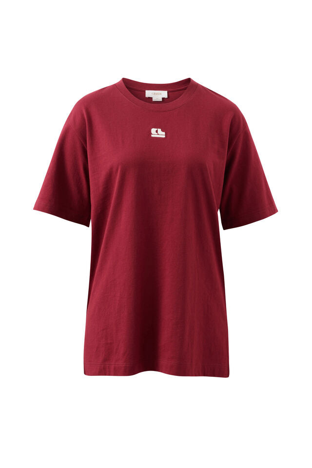 Lola Longline Step Hem Tee - Burgundy/Milk CL Logo Embroidery