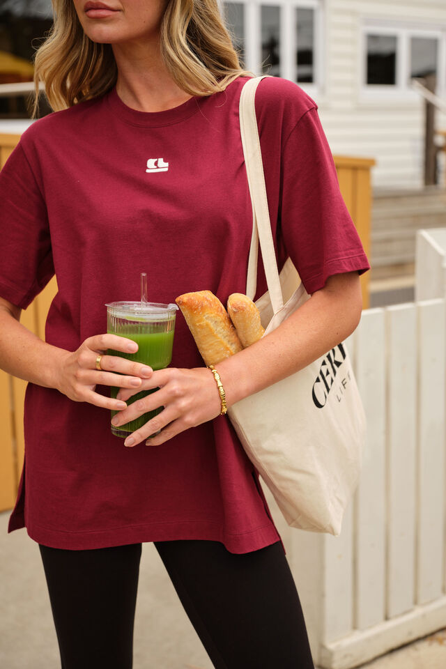 Lola Longline Step Hem Tee - Burgundy/Milk CL Logo Embroidery