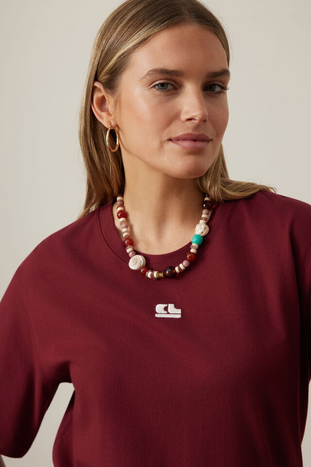 Lola Longline Step Hem Tee - Burgundy/Milk CL Logo Embroidery