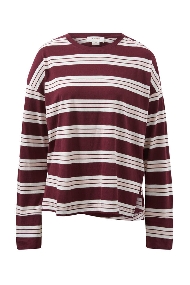 Scout Slouchy Long Sleeve Tee - Burgundy/Vanilla Stripe