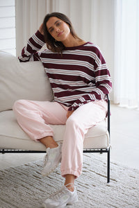 Scout Slouchy Long Sleeve Tee - Burgundy/Vanilla Stripe