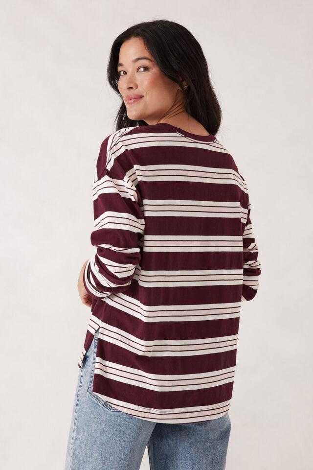 Scout Slouchy Long Sleeve Tee - Burgundy/Vanilla Stripe