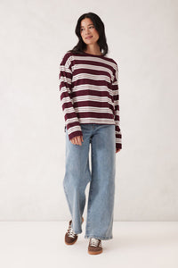 Scout Slouchy Long Sleeve Tee - Burgundy/Vanilla Stripe