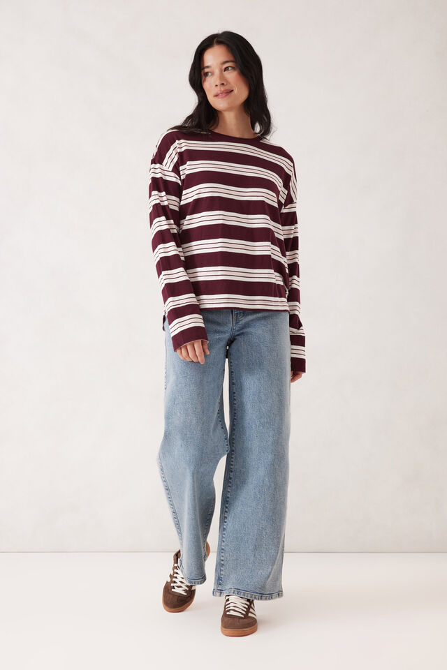 Scout Slouchy Long Sleeve Tee - Burgundy/Vanilla Stripe